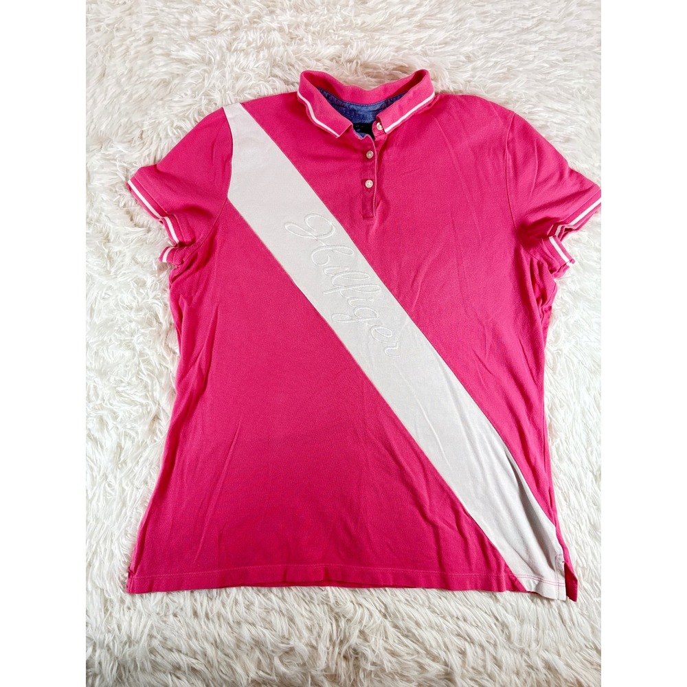 Tommy Hilfiger Vintage Womens XL Pink White Sash Embroidered Polo Shirt XL